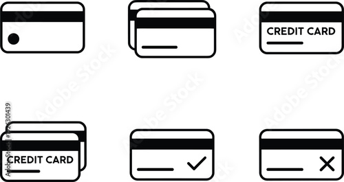 Credit card icon set, payment and banking vector symbols in black outline style, minimal finance illustration isolated on white background