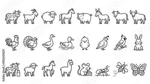 Farm animals and insects line art collection simple white outline design against black background cartoon style kids illustration