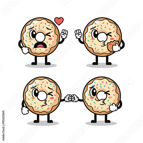 Cartoon donuts showing different emotions and interactions with love and friendship theme