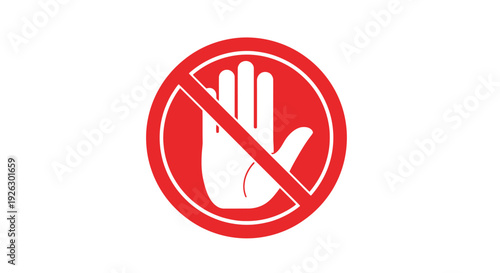 A bold red circle with a white open hand symbol and a diagonal line across, clearly indicating prohibition, warning, stop, or a restricted access notice for various safety and content applications.