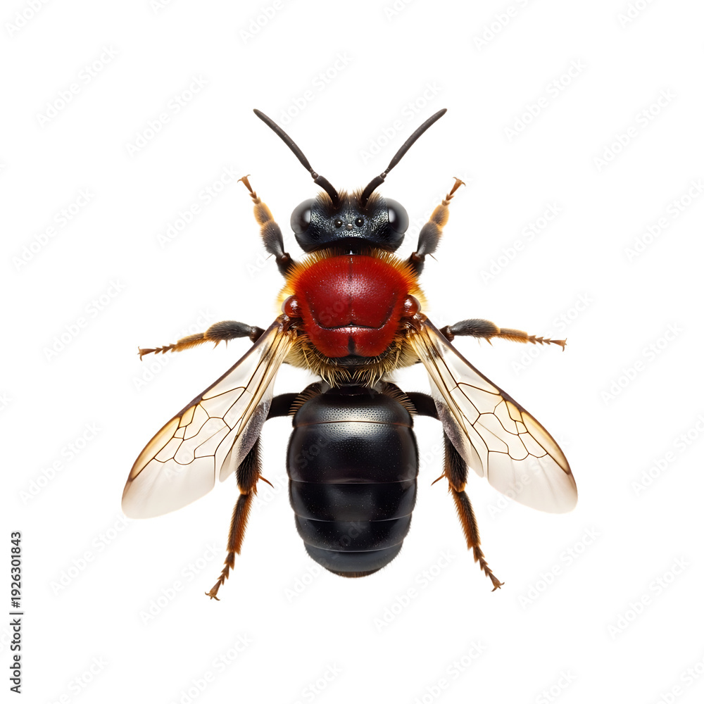Fototapeta premium Close-Up Macro View of a Red and Black Bumblebee with Translucent Wings isolated on a transparent background