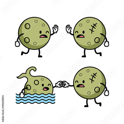 Cartoon zombies drowning in water with chains and scared expressions