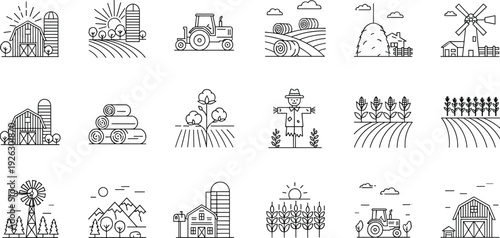 Agricultural farming line icon set with barn tractor windmill scarecrow hay bales and crop fields for rural industry vector isolated.