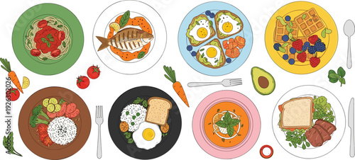 Healthy food meal set with avocado toast grilled fish pasta waffles and rice bowls for restaurant menu vector illustration isolated.