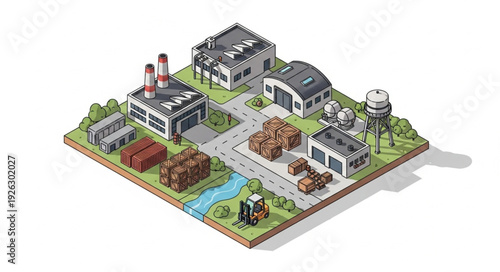 Isometric Farm Scene with Buildings and Animals.