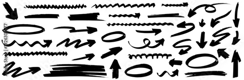 Dynamic highlight and marker show arrow and line, highlight and marker energize design. arrow and line move on paper around circle, shape, pen, underline.