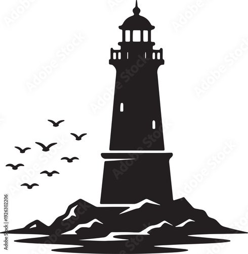 Black silhouette of a lighthouse on rocky shore with flock of birds flying also transparent background