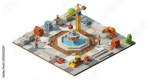 Isometric Fountain Square Cityscape Model.