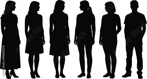Group of young people silhouettes standing in profile isolated on white background, men and women full body vector illustration