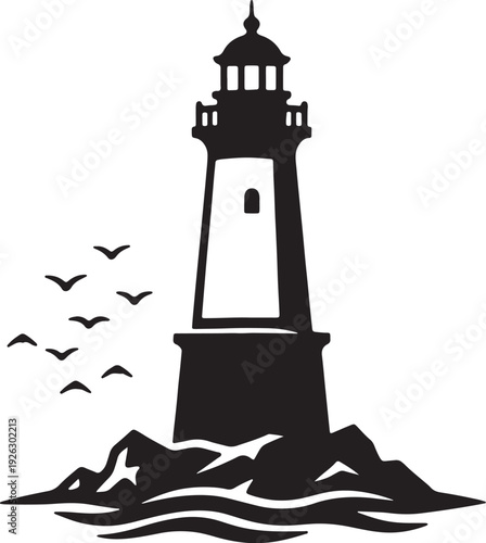 Black silhouette of a lighthouse on rocky shore with flock of birds flying in sky also transparent background