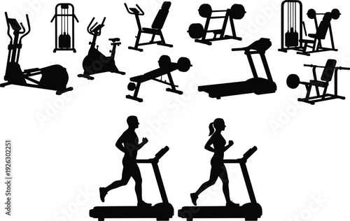 Gym equipment and treadmill running silhouettes collection, fitness machines and people workout isolated on white background, sport vector illustration set