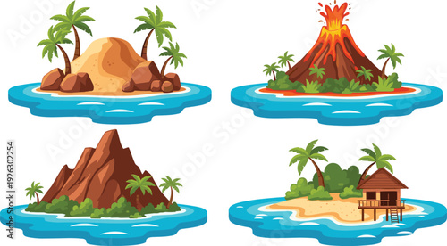 Tropical island vector set featuring an erupting volcano sandy beach with palm trees mountain peaks and summer bungalow isolated.