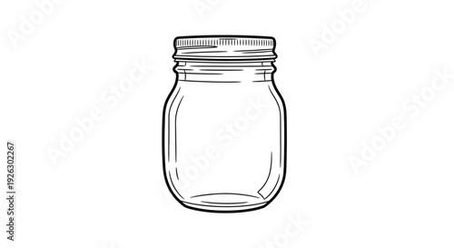 Simple black and white line art drawing of a classic glass canning jar with a threaded metal screw-on lid