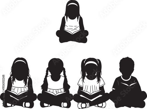 Black silhouette of five children reading books sitting cross legged on white background also transparent background