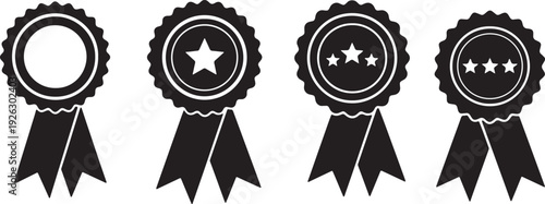 Four black silhouette ribbons with increasing stars from zero to three also transparent background rosette