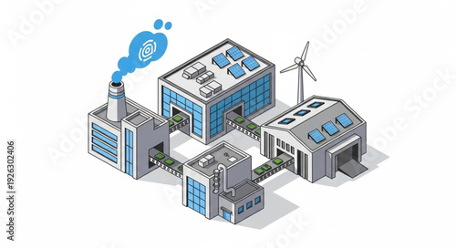 Isometric Factory Buildings with Wind Turbine.