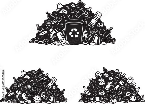 Piles of black and white hand drawn trash and recycling bin with recycling symbol also transparent background