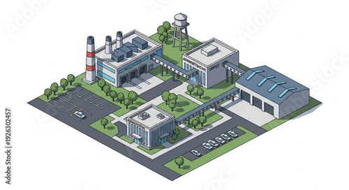 Isometric Factory Complex with Buildings and Vehicles.