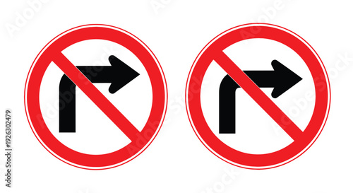 Two identical regulatory traffic prohibition signs clearly illustrating that turning right or making a rightward movement is strictly not permitted for drivers.