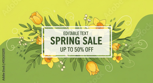 Vibrant spring sale announcement banner featuring delicate yellow tulips and daffodils adorned with lush green foliage and swirling decorative elements set against a soft
