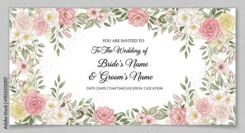 Elegant floral border design with soft pink and yellow roses and green leaves framing blank space for personalized wedding invitation text ideal for romantic celebrations