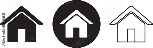 Three stylized house one solid black filled one black oval with white house and one outline house also transparent background