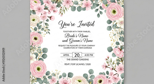 Elegant floral wedding invitation design with soft pink roses delicate cherry blossoms and eucalyptus greenery framing a customizable text area perfect for romantic