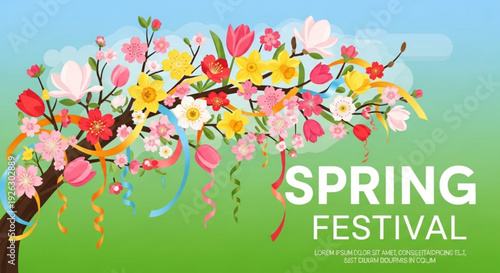 Vibrant spring festival tree illustration with blooming tulips daffodils and cherry blossoms adorned with colorful ribbons symbolizing renewal joy and celebration