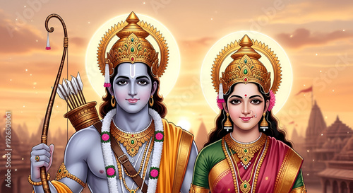 Ram Navami vector portrait of Lord Rama with Goddess Sita in royal attire against Ayodhya temple backdrop for devotional greeting branding and festive marketing use