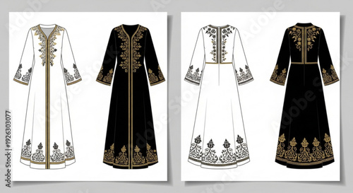 Elegant abaya fashion design flat sketch template collection featuring intricate gold embroidery on classic black and crisp white silhouettes showcasing modest islamic
