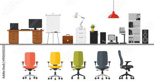 Modern office furniture set including ergonomic chairs desks computers whiteboards and storage cabinets for professional workspace vector illustration isolated.