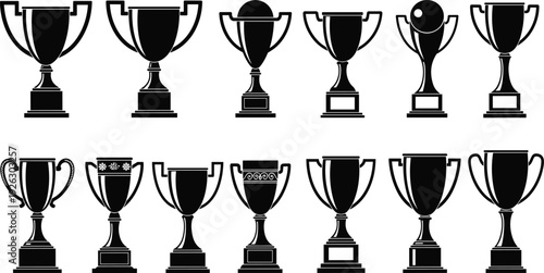 Black vector silhouette set of twelve championship trophy cups for sports awards competition success achievement winners celebration tournament prizes and professional recognition branding