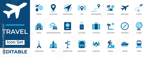 Travel and tourism flat vector icon set. Includes airplane, hotel, passport, luggage, and navigation symbols in modern blue design.
