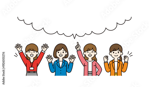 大きな吹き出しと、複数の元気な20代・30代の女性・会社員の上半身ベクターイラスト素材セット