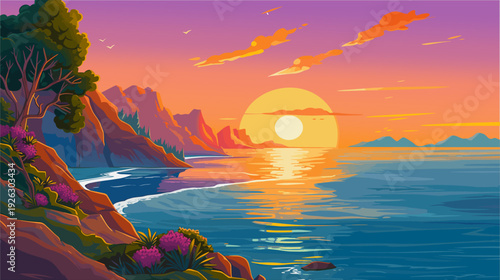 A stunning sunset over a tranquil coastal landscape, with the sun sinking into the horizon. The vibrant sky transitions from orange to purple, casting a warm glow on the calm ocean