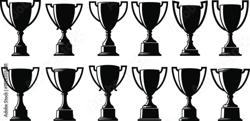 Black vector silhouette set of twelve championship trophy cups for sports awards competition success achievement winners celebration tournament prizes and professional recognition branding