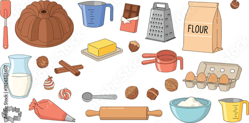Professional baking tool set with flour eggs rolling pin whisk and bundt cake mold for pastry cooking vector illustration isolated.