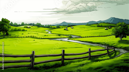 "A serene rural landscape with a winding river flowing through lush green fields, bordered by a wooden fence. In the distance, a few horses graze peacefully on the open pasture
