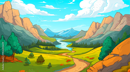 A breathtaking landscape with rugged mountain peaks towering in the distance, surrounding a winding river that cuts through lush green fields. The landscape is dotted with vibrant trees and shrubs