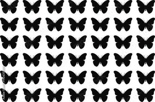 Seamless butterfly silhouette pattern background, black insect icons in repeating grid layout, minimal vector design for textile, wallpaper and surface print