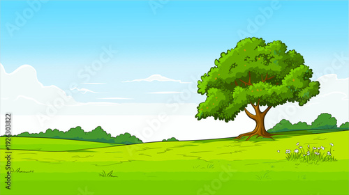 A simple yet serene landscape with a single large tree standing proudly on a vast green field. The sky is clear with soft clouds, creating a peaceful and open atmosphere