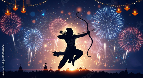 Happy Ram Navami vector illustration of Lord Rama silhouette aiming bow with fireworks temple skyline and glowing diya lights for Hindu festival celebration