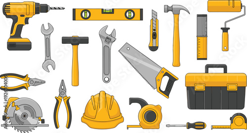 Professional construction tool set including power drill hammer saw pliers and toolbox for home renovation and carpentry vector illustration.