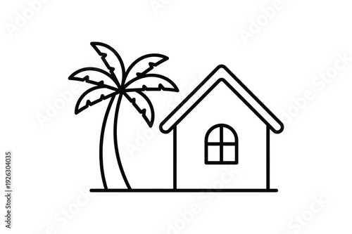 Beach Cottage Vacation Home with Palm Tree Coastal Living Concept On white Background Line Art Vector illustration.