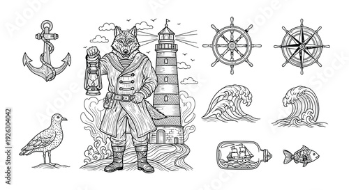 Vintage nautical illustration featuring a wolf captain and seaside elements
