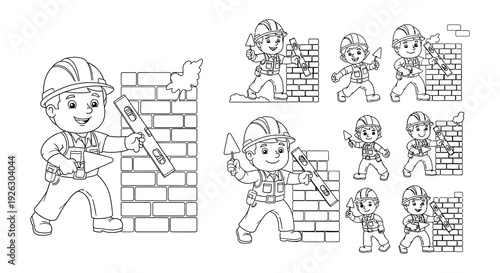 Cartoon illustration of construction workers building a brick wall