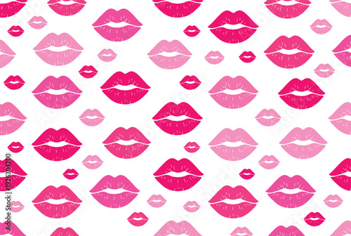 Seamless pink lips pattern with stylish kiss marks on white background for fashion, beauty and cosmetic design