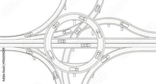 Complex highway interchange with multiple roads and overpasses, detailed infrastructure.