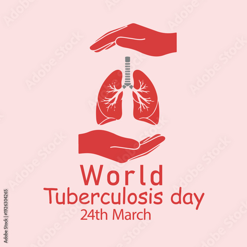 World Tuberculosis Day logo vector with lungs illustration, bronchial tree, protective hands, bold text, and pink background for health awareness branding