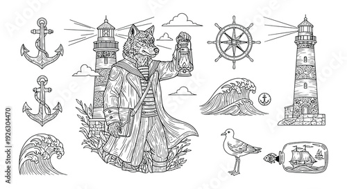Vintage nautical illustration featuring a wolf captain and seaside elements